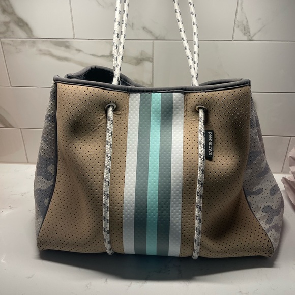 Brown and Gray Perforated Tote Bag with Pouch - Picture 2 of 9